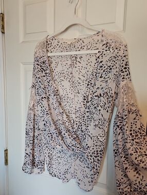 Lovestitch Light Pink Printed Wrap Blouse with Lace Trim And Flowy Sleeves